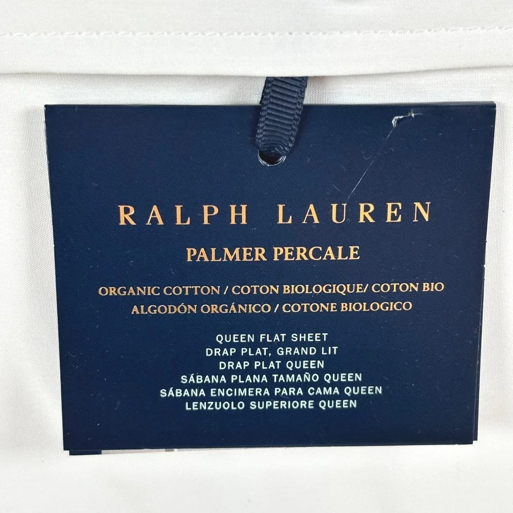 Ralph Lauren‎ Palmer Percale Queen Flat Sheet Polo Navy Trim Organic Cotton NEW